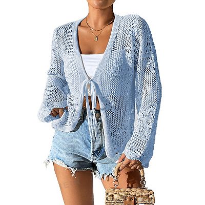Womens Tie Front Cardigan Lightweight Crochet Shrug Spring Knit