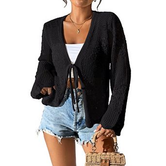 Womens Tie Front Cardigan Lightweight Crochet Shrug Spring Knit Cover Up