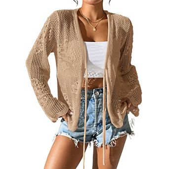 Womens Tie Front Cardigan Lightweight Crochet Shrug Spring Knit Cover Up