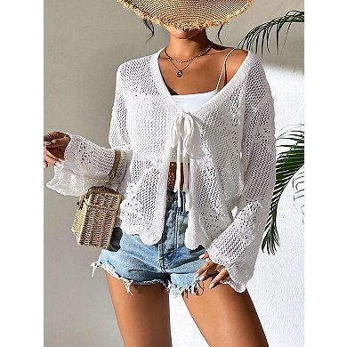 Womens Tie Front Cardigan Lightweight Crochet Shrug Spring Knit Cover Up