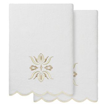 Linum Home Textiles 2 pc Flower Crest Scallop Embellished Bath Towel, Hand Towel or Fingertip Towel Set