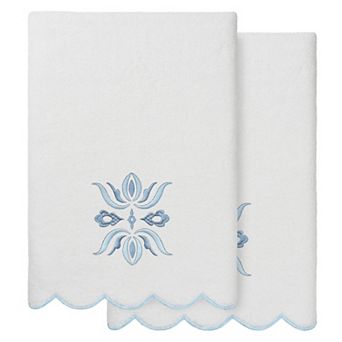 Linum Home Textiles 2 pc Flower Crest Scallop Embellished Bath Towel, Hand Towel or Fingertip Towel Set