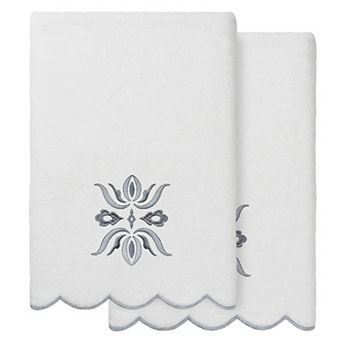 Linum Home Textiles 2 pc Flower Crest Scallop Embellished Bath Towel, Hand Towel or Fingertip Towel Set