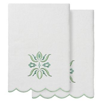 Linum Home Textiles 2 pc Flower Crest Scallop Embellished Bath Towel, Hand Towel or Fingertip Towel Set