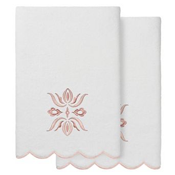 Linum Home Textiles 2 pc Flower Crest Scallop Embellished Bath Towel, Hand Towel or Fingertip Towel Set
