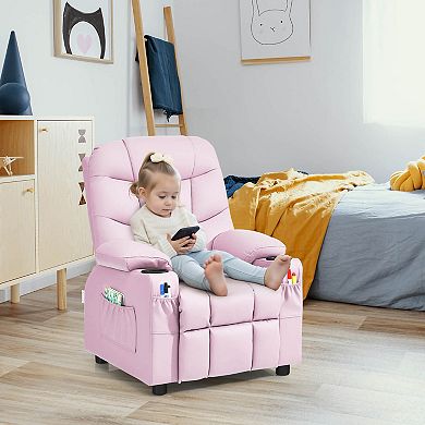 Costway Kids Youth Recliner Chair PU Leather with Cup Holders & Side Pockets