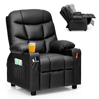 Costway Kids Youth Recliner Chair PU Leather with Cup Holders & Side Pockets