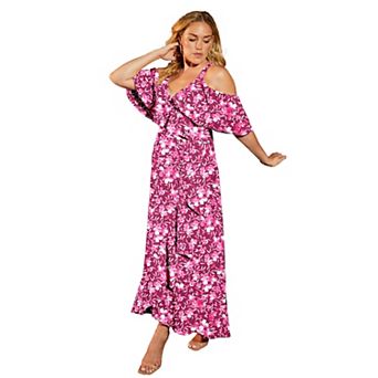 June + Vie Women's Plus Size Cold-Shoulder Faux-Wrap Maxi Dress