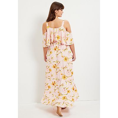 chinese dress ladies V-Neck Cold Shoulder Leaves Print Maxi Dress – Riah Fashion