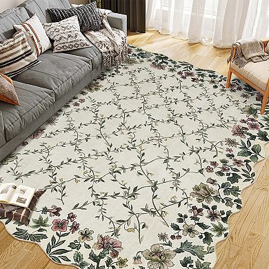 Floral Irregular Edge Carpet Indoor Non Slip Washable Entry Rug Low Pile Throw Rugs for Entryway
