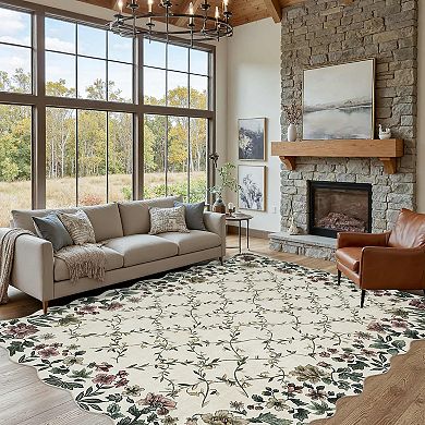 Floral Irregular Edge Carpet Indoor Non Slip Washable Entry Rug Low Pile Throw Rugs for Entryway