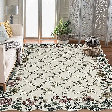 Floral Irregular Edge Carpet Indoor Non Slip Washable Entry Rug Low Pile Throw Rugs for Entryway