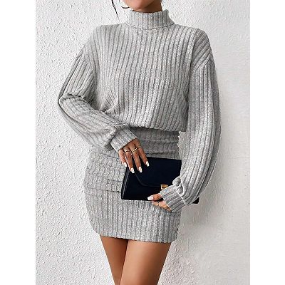 Women's Turtleneck Ribbed Knit Dress Long Sleeve Bodycon Mini Sweater Dress