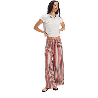 Women's Striped Wide Leg Pants Boho Elastic Waist Stripes Trousers