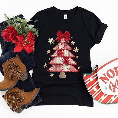 Christmas Tree Red Patchwork Print - Youth Short Sleeve Graphic T-Shirt