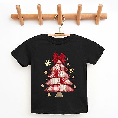 Christmas Tree Red Patchwork Print - Youth Short Sleeve Graphic T-Shirt