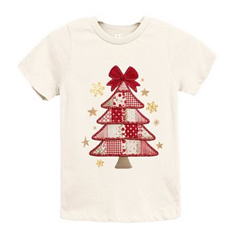 Christmas Tree Red Patchwork Print - Youth Short Sleeve Graphic T-Shirt