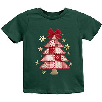 Christmas Tree Red Patchwork Print - Youth Short Sleeve Graphic T-Shirt