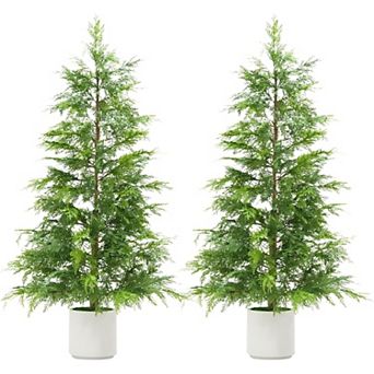 2 pc Artificial Cedar Topiary Trees with White Pot, Faux Plants, UV, Artificial Christmas Tree