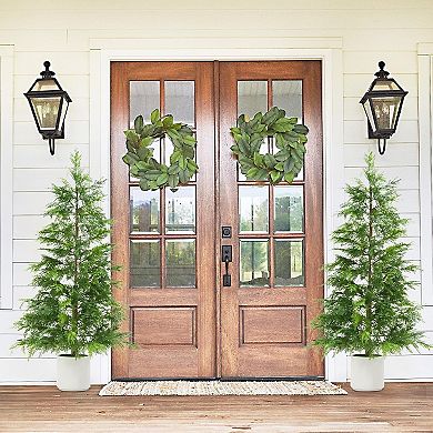 2Pcs Artificial Cedar Topiary Trees with White Pot, Faux Plants, UV, Artificial Christmas Tree