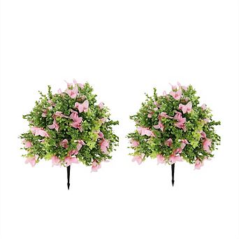 Set of 2 Artificial Topiary Boxwood Ball Trees with Spike UV Resistant Faux Round Topiary Shrub