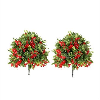 Set of 2 Artificial Topiary Boxwood Ball Trees with Spike UV Resistant Faux Round Topiary Shrub