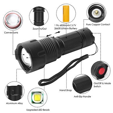 LED Rechargeable Flashlight, Zoomable Aluminum Torch, High/Low/Strobe Modes, for Outdoor Use