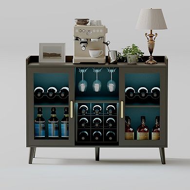 Freestanding Kitchen Buffet with LED Light, Wine & Coffee Bar Cabinet with Rack & Glass Holder
