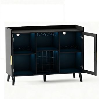 Freestanding Kitchen Buffet with LED Light, Wine & Coffee Bar Cabinet with Rack & Glass Holder