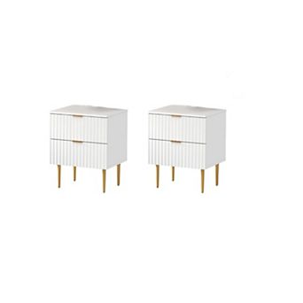 Modern Fluted Nightstand with Charging Station & 2 Drawers, Gold & Wood Bedside Table with USB Ports
