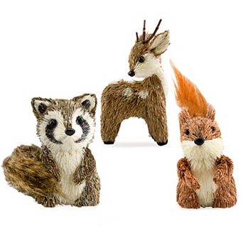 Woodland Animal Figurines, Set of 3; Deer, Raccoon, and Squirrel Decor Accents