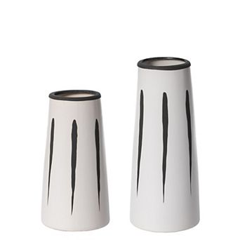 Set of 7" & 9.5" High Ceramic Modern Painted Brushstrokes Tapered Flower Table Vase, Black and White