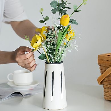 Set of 7" & 9.5" High Ceramic Modern Painted Brushstrokes Tapered Flower Table Vase, Black and White