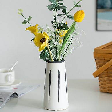 Set of 7" & 9.5" High Ceramic Modern Painted Brushstrokes Tapered Flower Table Vase, Black and White