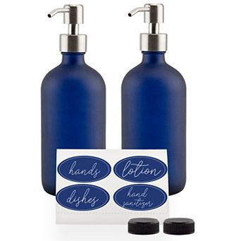 16oz. Blue Glass Dispensers (2-Pack), with Silver Pump Tops for Soap or Lotion