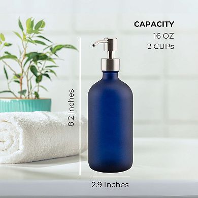 16oz. Blue Glass Dispensers (2-Pack), with Silver Pump Tops for Soap or Lotion