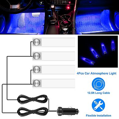 4Pcs Blue LED Car Interior Lights DC 12V Ambient Atmosphere Lamp with Car Charger