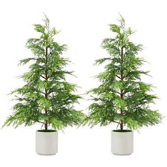 2 pc Artificial Cedar Topiary Trees with White Pot, Faux Plants, UV, Artificial Christmas Tree
