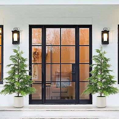 2Pcs Artificial Cedar Topiary Trees with White Pot, Faux Plants, UV, Artificial Christmas Tree