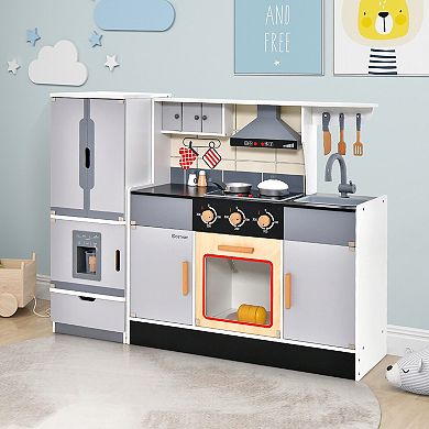 Gymax Kids Wooden Pretend Play Kitchen Toddlers Toy with Refrigerator & Accessories