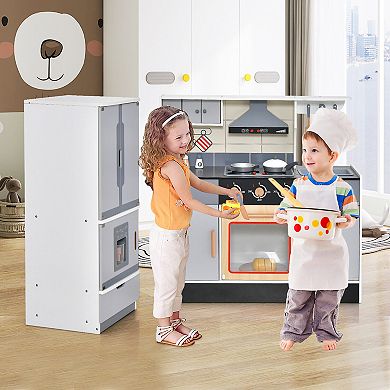 Gymax Kids Wooden Pretend Play Kitchen Toddlers Toy with Refrigerator & Accessories
