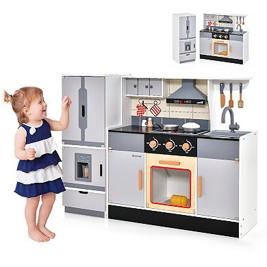 Gymax Kids Wooden Pretend Play Kitchen Toddlers Toy with Refrigerator & Accessories