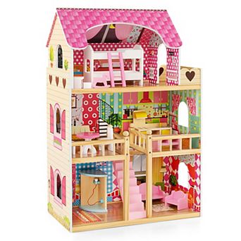 Gymax Kids Wooden Dollhouse Toddler DIY Pretend Playhouse w/ 15 Furniture Accessories