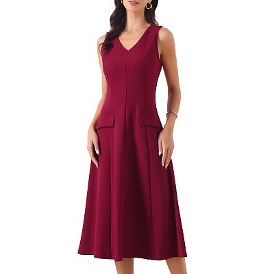 Business Office Dresses for Women's V Neck Sleeveless A Line Work Midi Dress