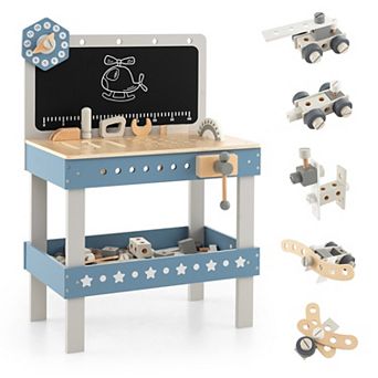Gymax Kids Wooden Play Tool Workbench Workshop Table Pretend Play with Tools Set