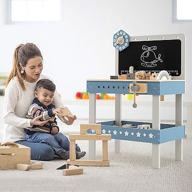 Gymax Kids Wooden Play Tool Workbench Workshop Table Pretend Play with Tools Set