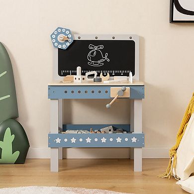 Gymax Kids Wooden Play Tool Workbench Workshop Table Pretend Play with Tools Set