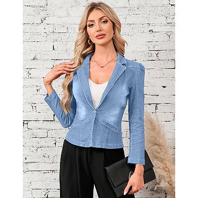 Women's Denim Short Blazer Long Sleeve Open Front Lapel Neck Casual Slim Fit Cardigan Jacket