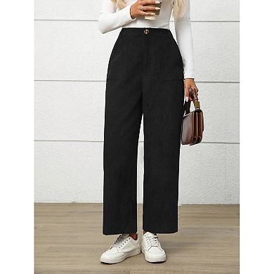Womens Corduroy Palazzo Pants Wide Leg Pants Button Front Zipper Straight Pants with Pockets