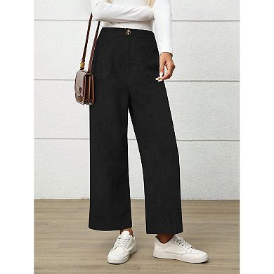 Womens Corduroy Palazzo Pants Wide Leg Pants Button Front Zipper Straight Pants with Pockets